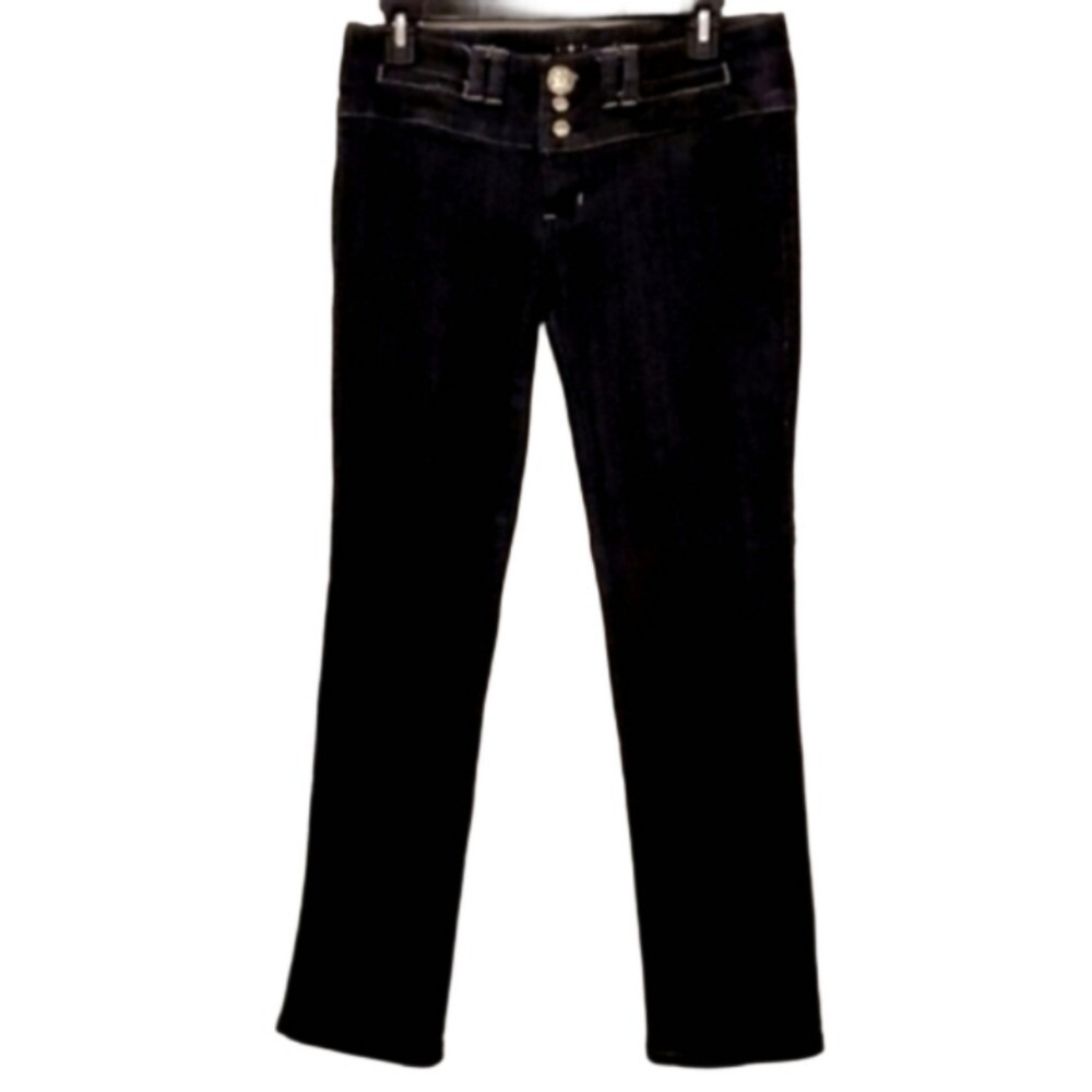 Dark Wash Denim Jeans Embellished Buttons Straight Leg
